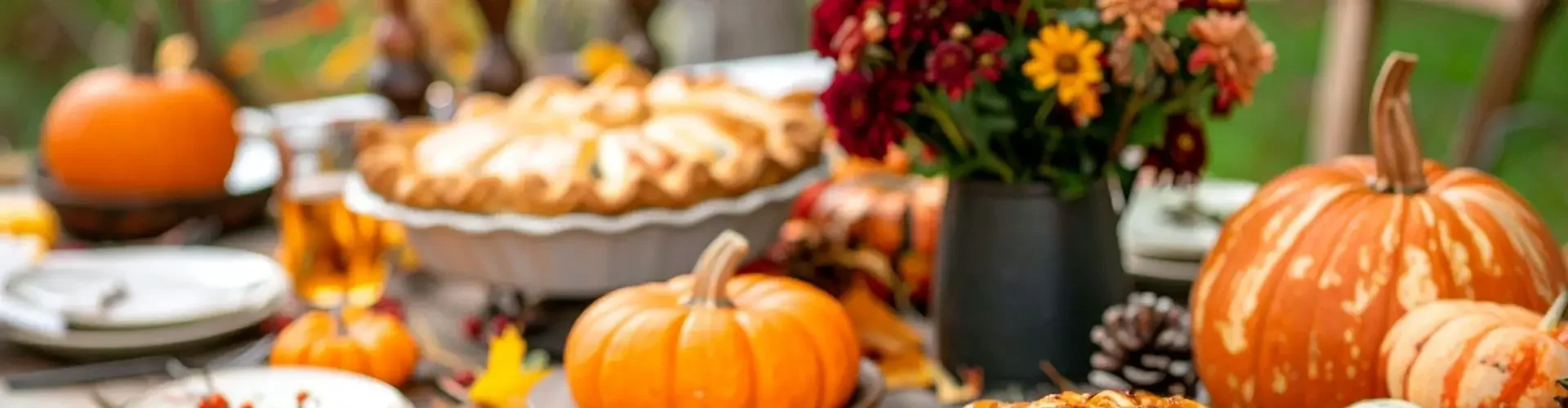 Thanksgiving table set with pumpkin pies, a decorative pumpkin, and autumn foliage, evoking holiday travel by private jet