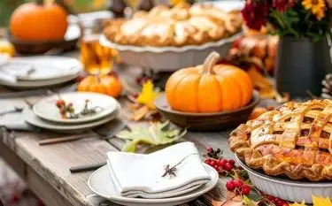 Thanksgiving table set with pumpkin pies, a decorative pumpkin, and autumn foliage, evoking holiday travel by private jet