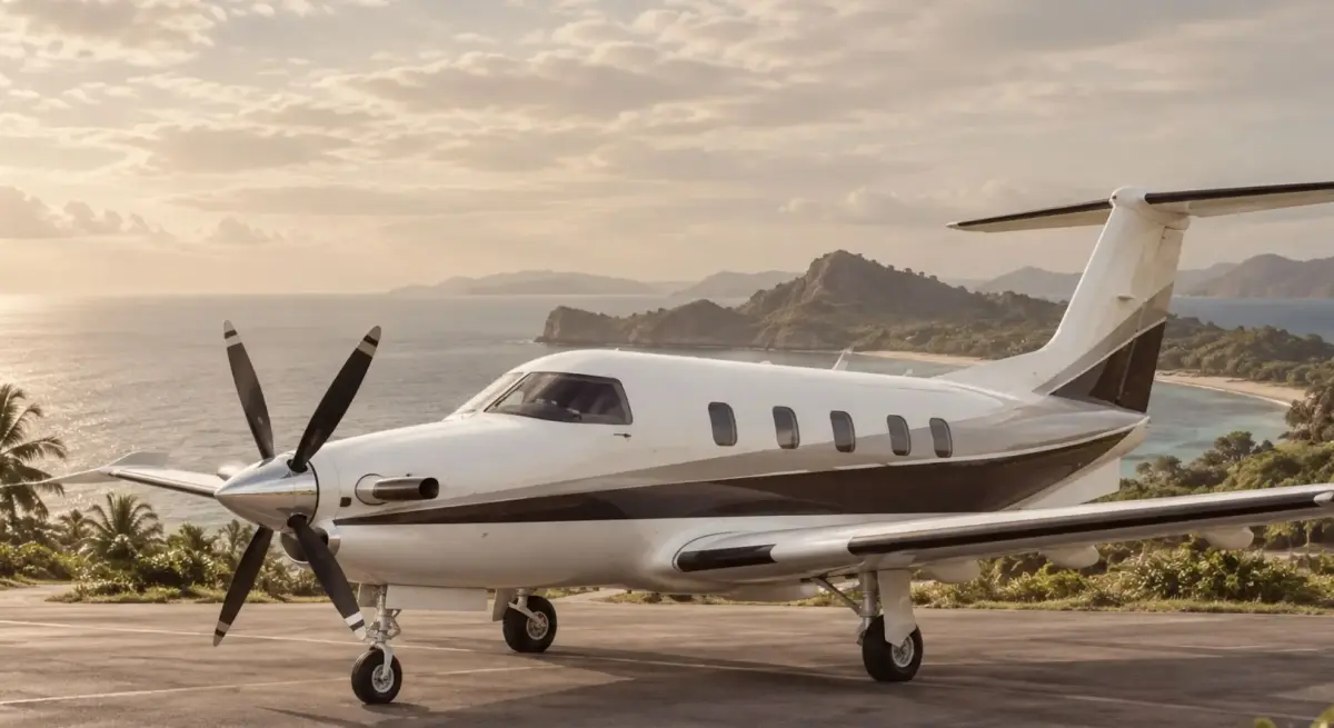 Turboprop aircraft parked on an airstrip with coastline and waters, ideal for inter-island charter flights in Indonesia