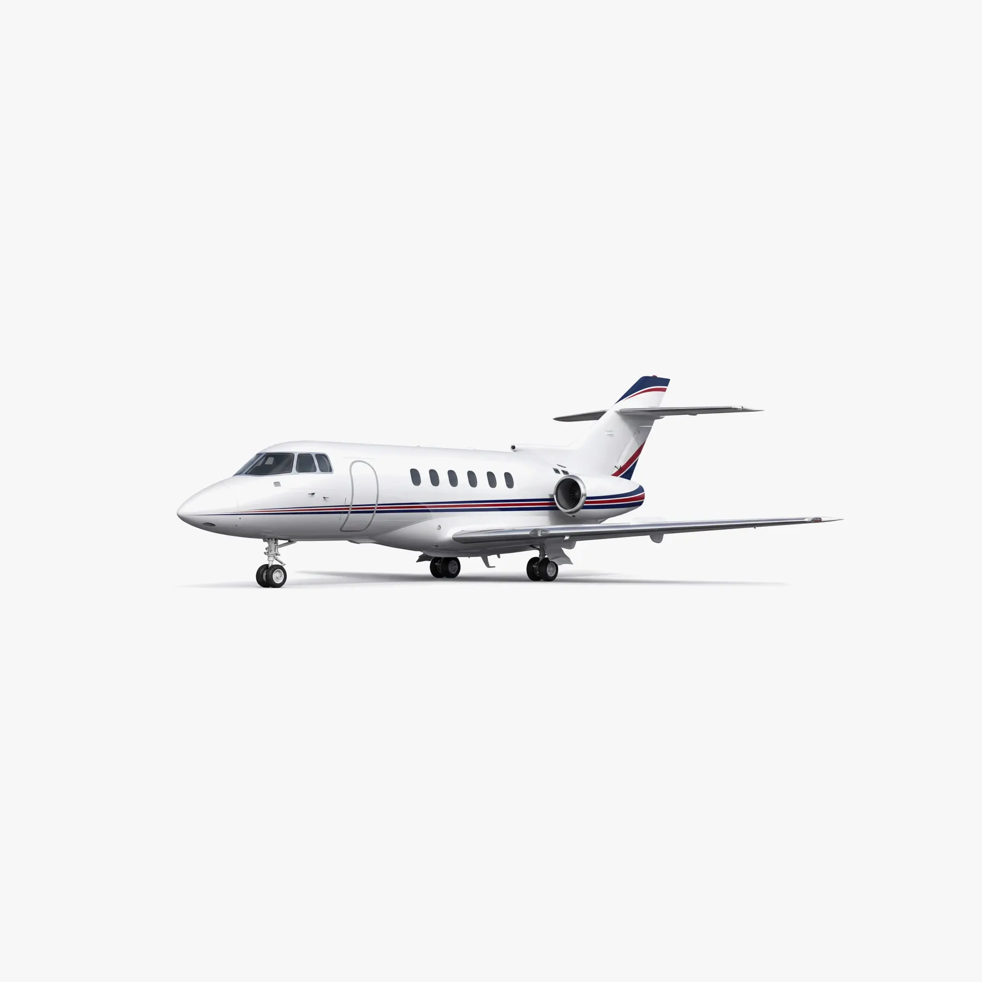 White BAe 125-400 mid-size business jet with red and blue accent stripes on clean studio background