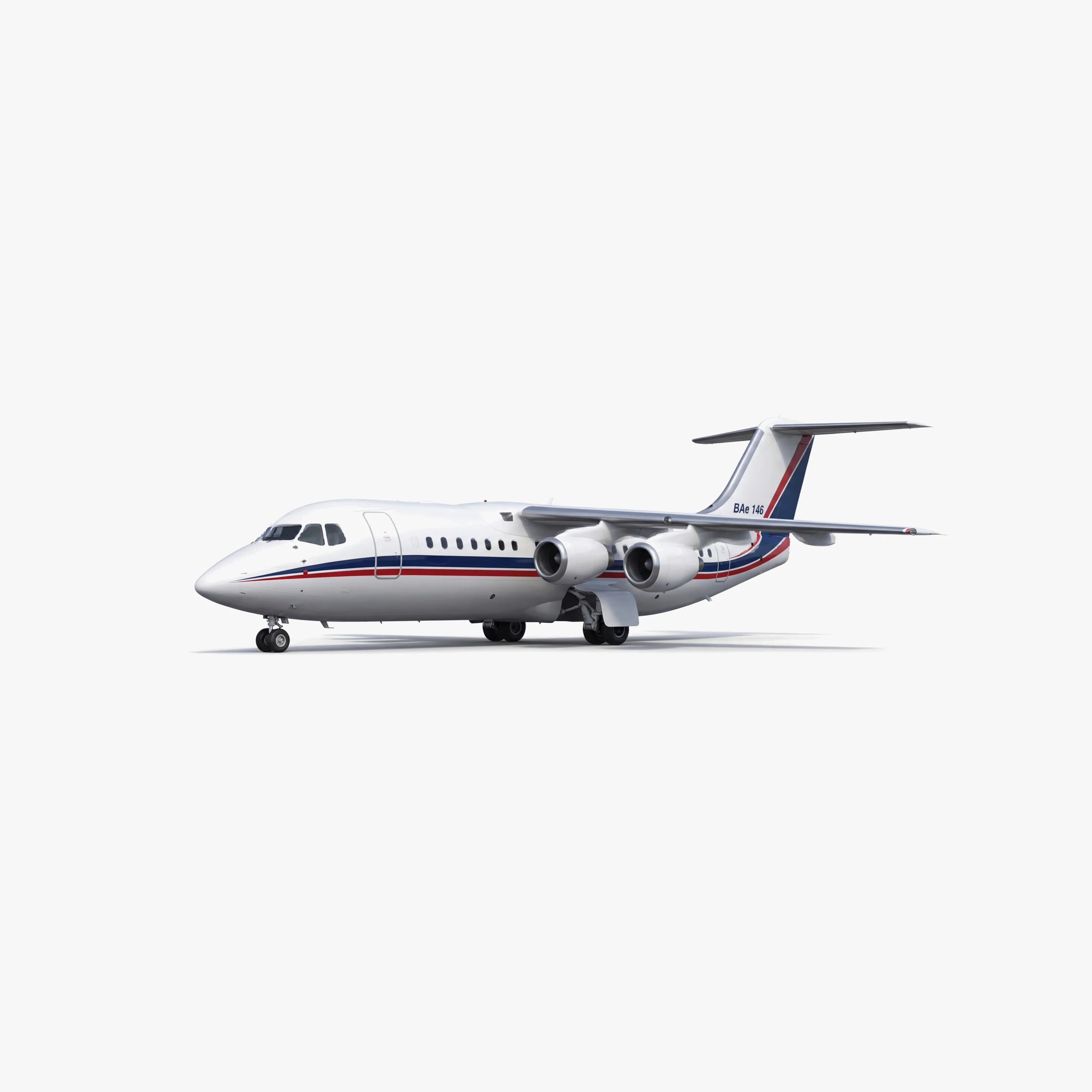 BAe 146-200 regional jet with white fuselage, red and blue striping, four engines, and T-tail design