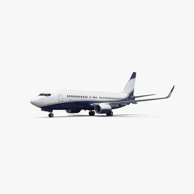 Boeing BBJ private jet with white fuselage and blue accent stripes rendered on neutral background