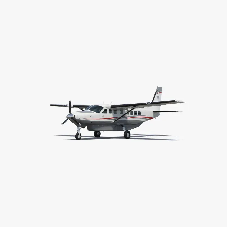 White Cessna Caravan turboprop aircraft with red accent stripes on clean background