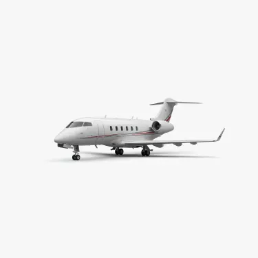 White Challenger 300 super mid-size private jet with red accent stripes on clean studio background