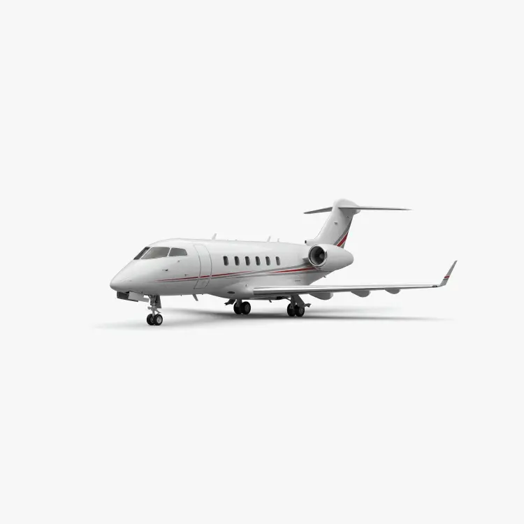 White Challenger 300 super mid-size private jet with red accent stripes on clean studio background