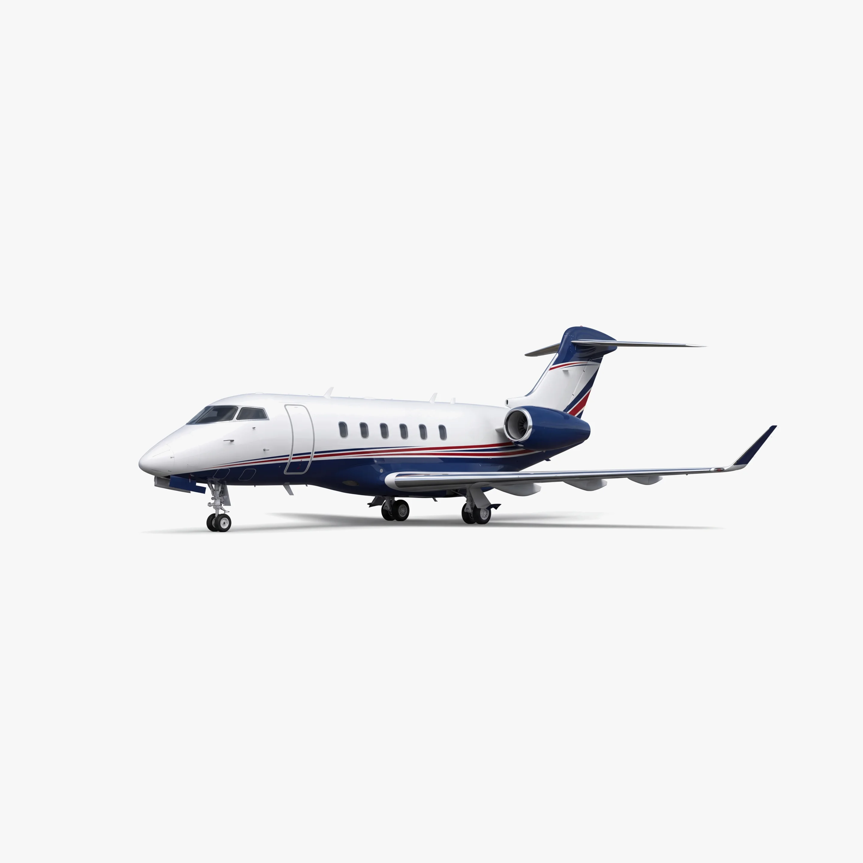 Challenger 350 mid-size business jet with white fuselage, blue and red accent stripes, T-tail design