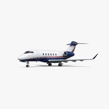 Challenger 350 mid-size business jet with white fuselage, blue and red accent stripes, T-tail design
