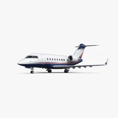 Challenger 604 business jet with white fuselage, navy blue and red accent stripes, T-tail design