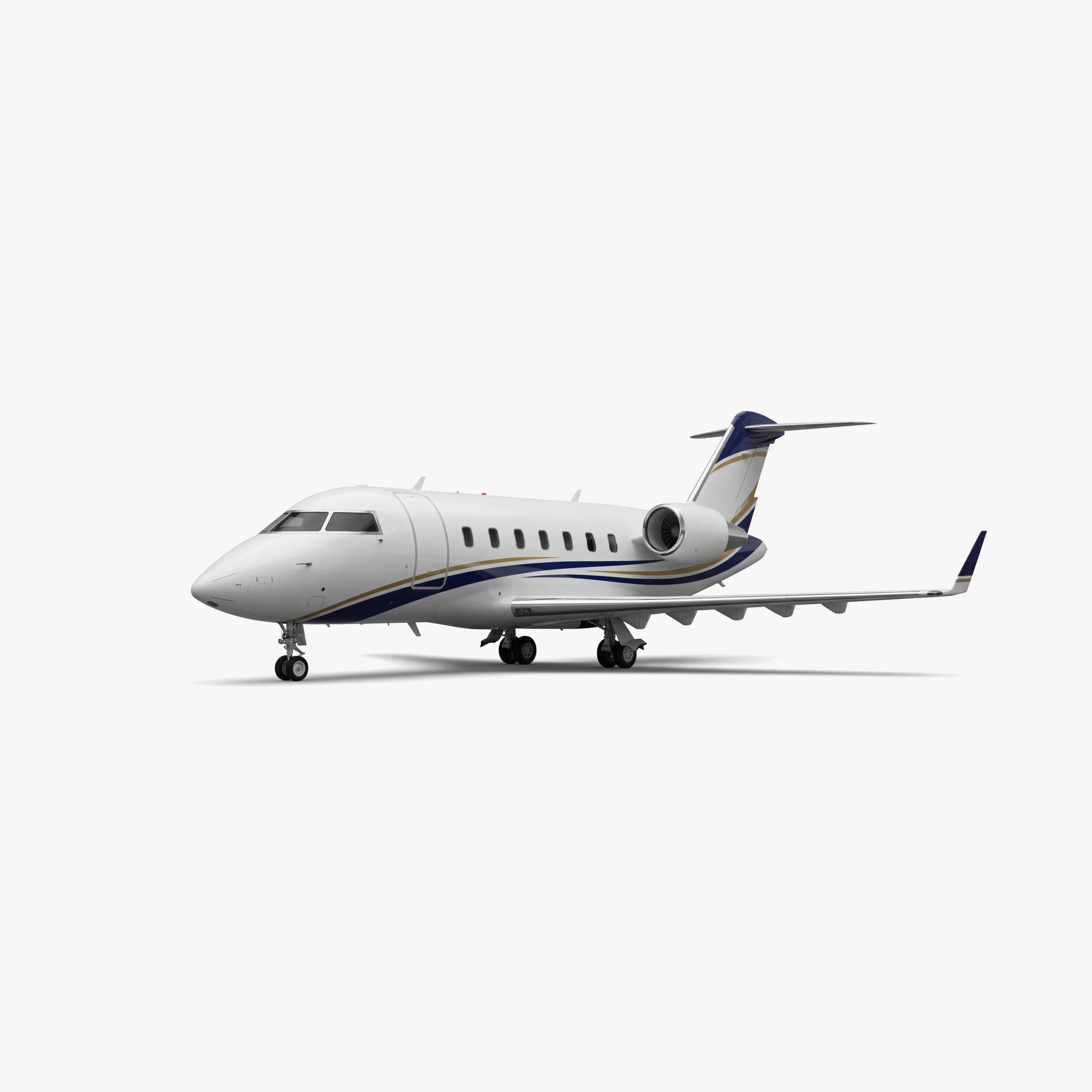 White Challenger 605 business jet with blue accent stripes and T-tail configuration on neutral background