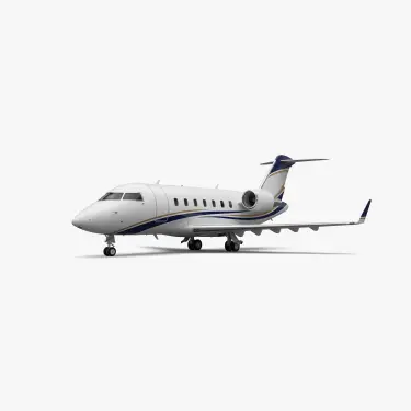 White Challenger 605 business jet with blue accent stripes and T-tail configuration on neutral background