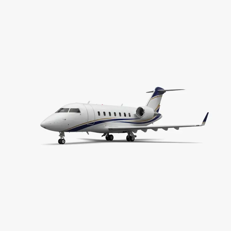 White Challenger 605 business jet with blue accent stripes and T-tail configuration on neutral background
