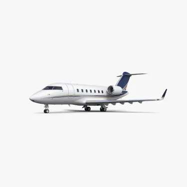 Challenger 650 business jet with white fuselage and blue tail accents in 3D rendered side profile view