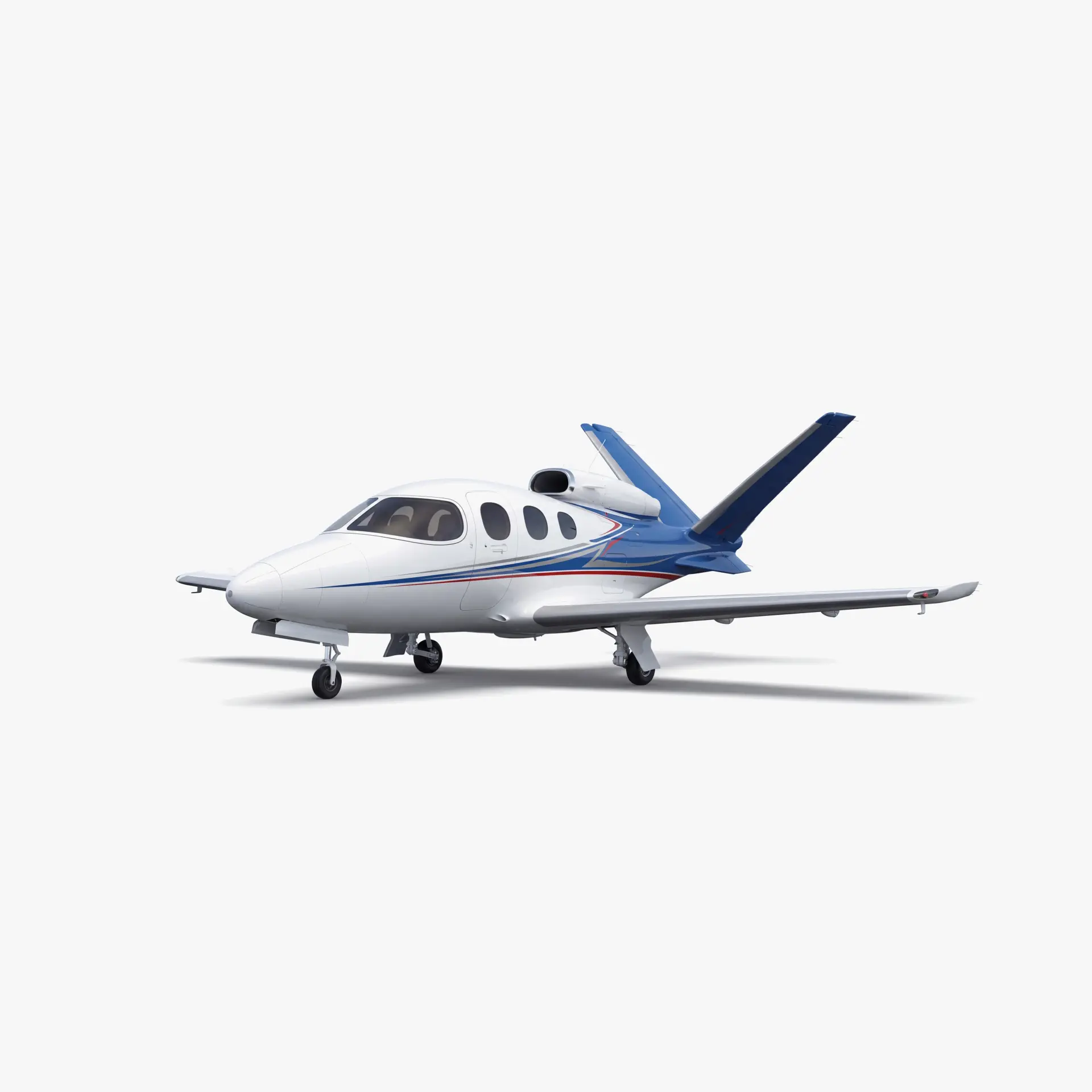 Cirrus Vision Jet single-engine private aircraft with white fuselage, blue and red accent stripes