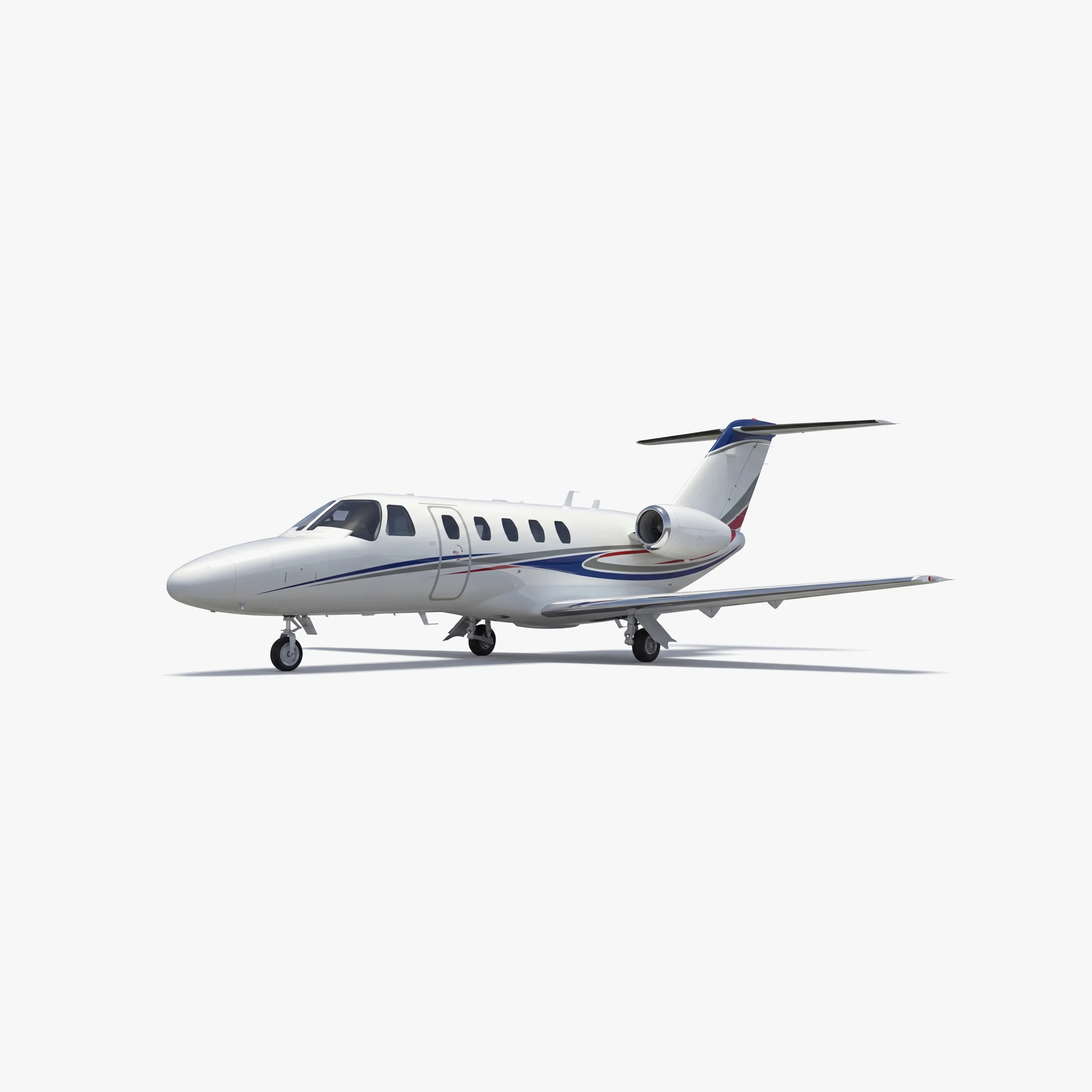 White Citation CJ1+ light jet with blue and red accent stripes on clean background