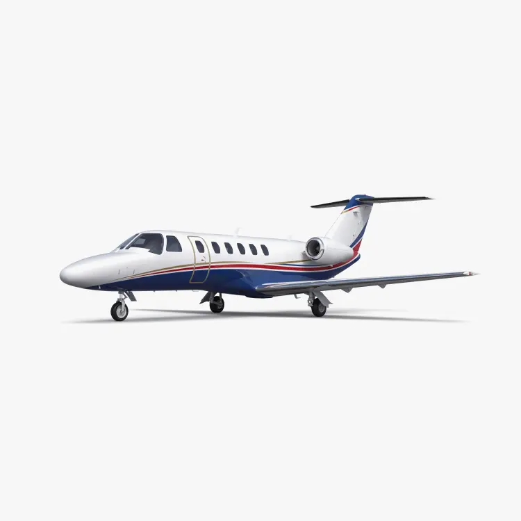 Citation CJ3 light jet with white fuselage, blue and red accent stripes, T-tail design on neutral background