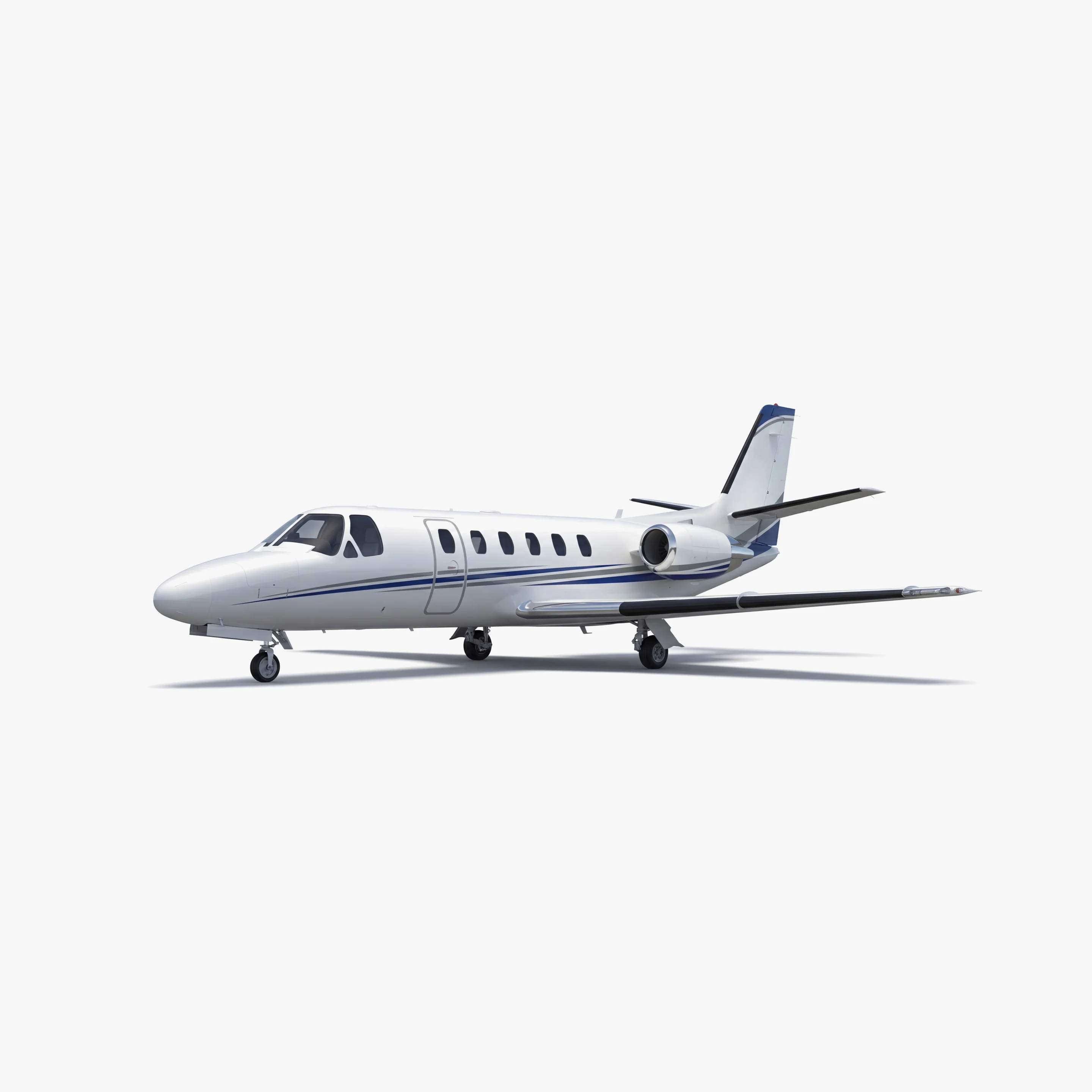 White Citation Encore+ private jet with blue accent stripes on clean white background, side profile view