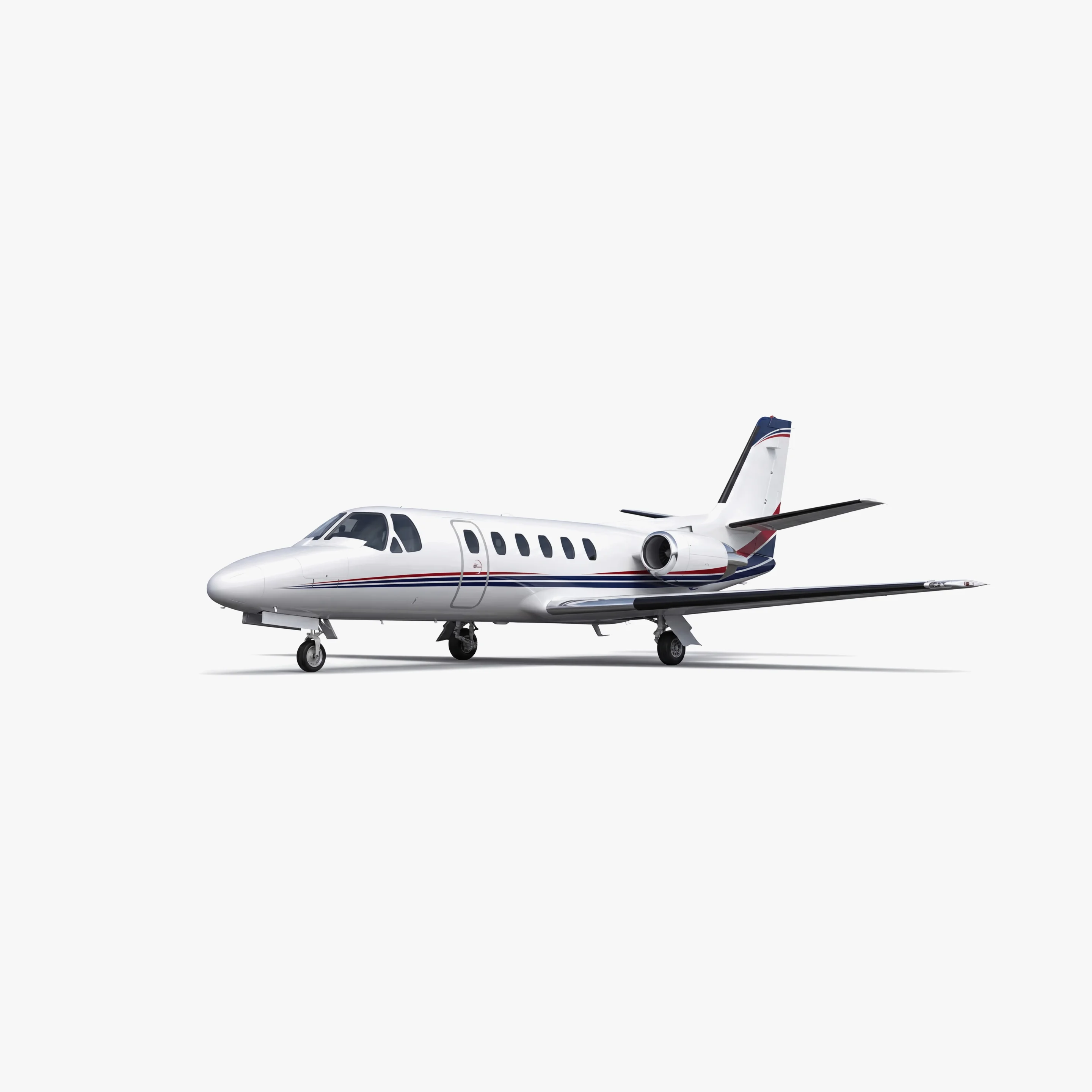 White Citation I/SP light jet with red and blue accent stripes on fuselage and tail in 3D render