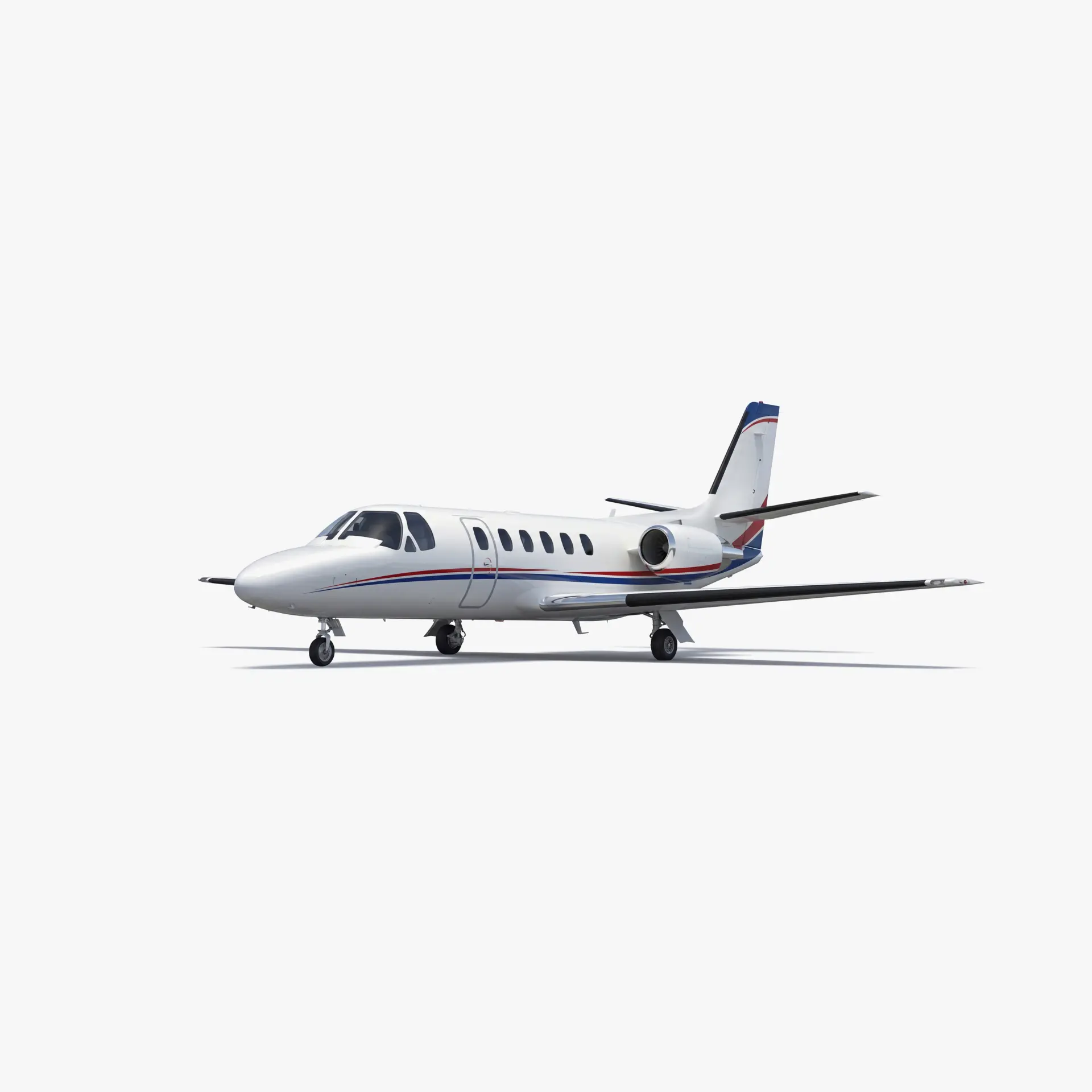 Citation II mid-size business jet with white fuselage, red and blue accent stripes, and twin engines