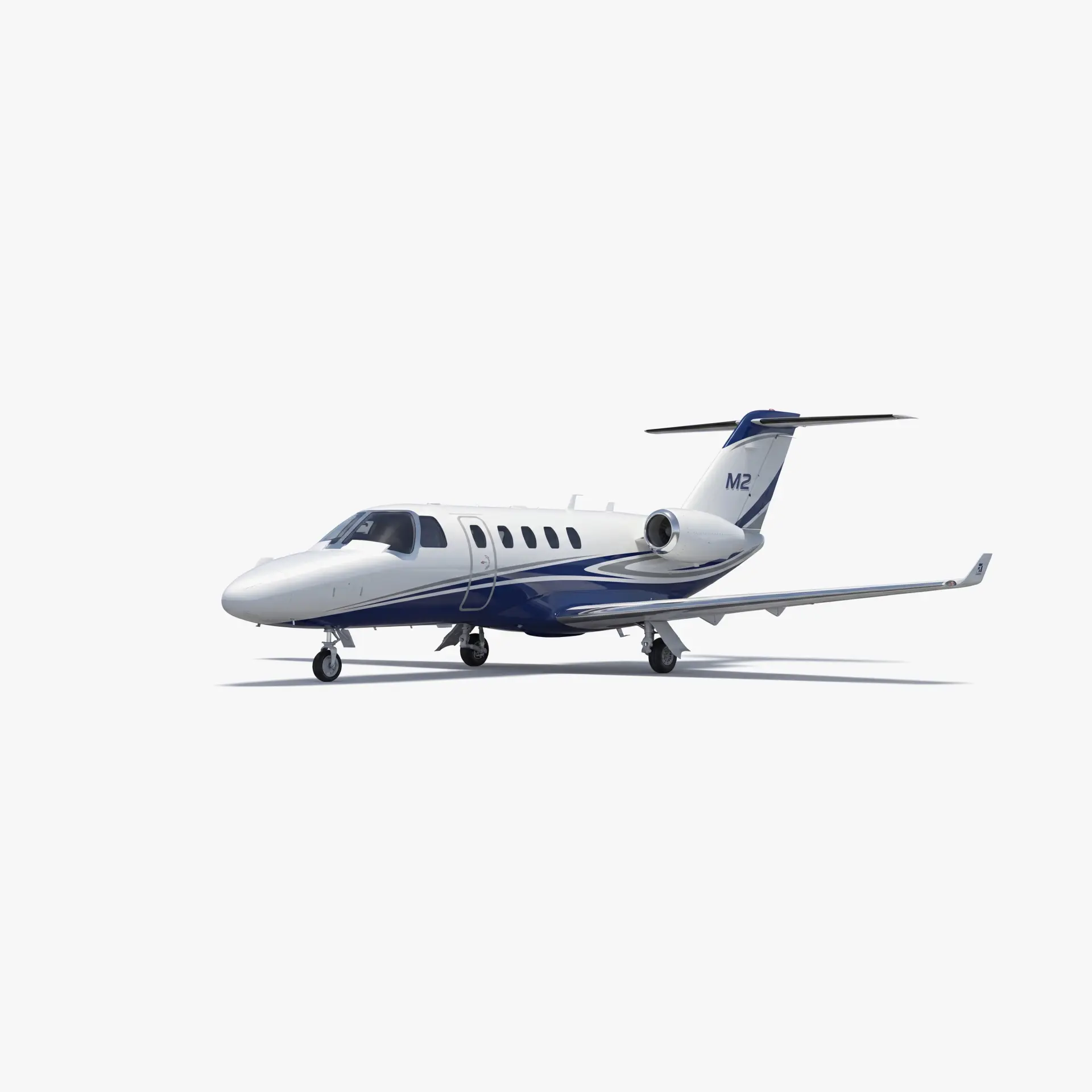 Citation M2 light jet with white fuselage and blue accent stripes parked on clean white background