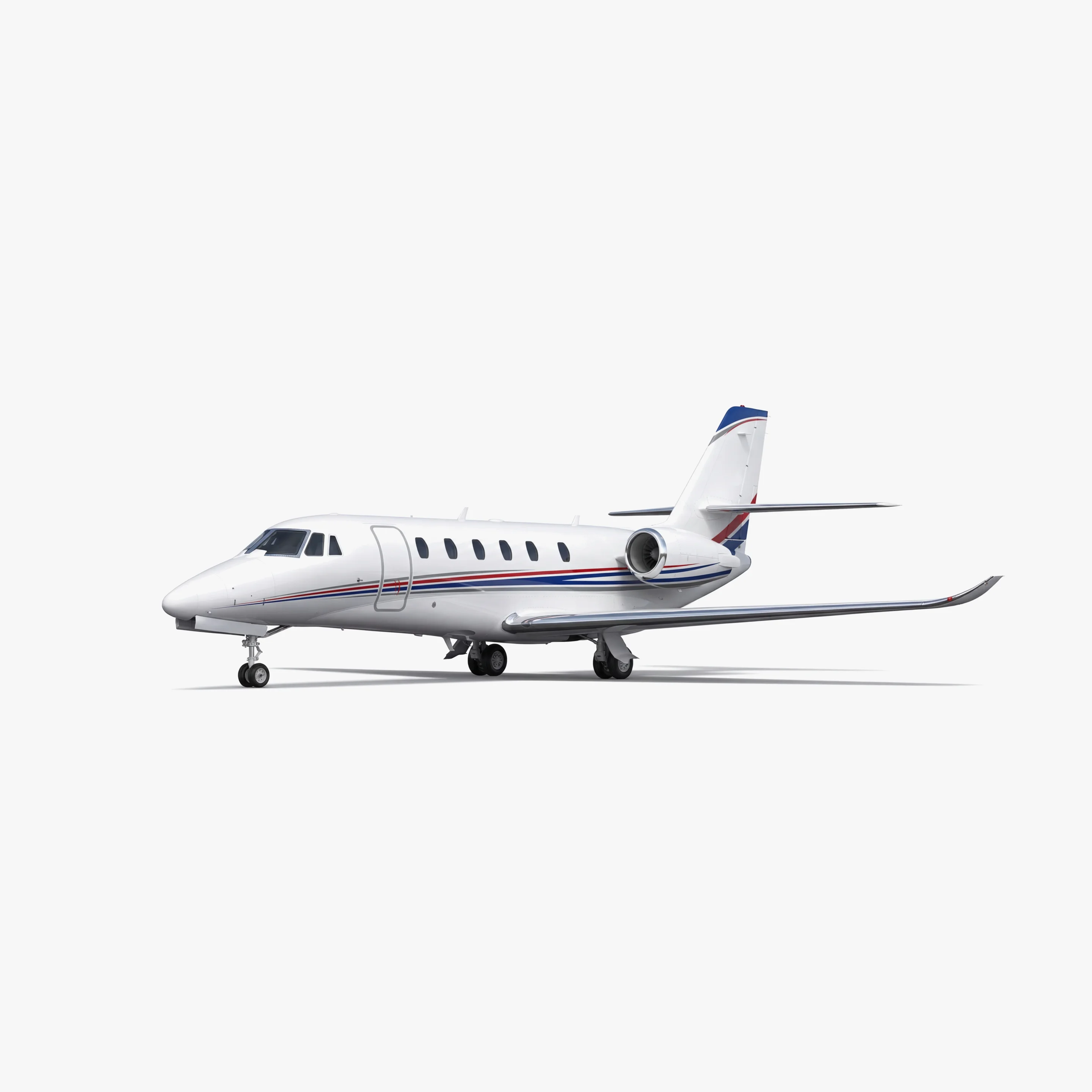 White Citation Sovereign+ private jet with blue and red accent stripes on neutral background