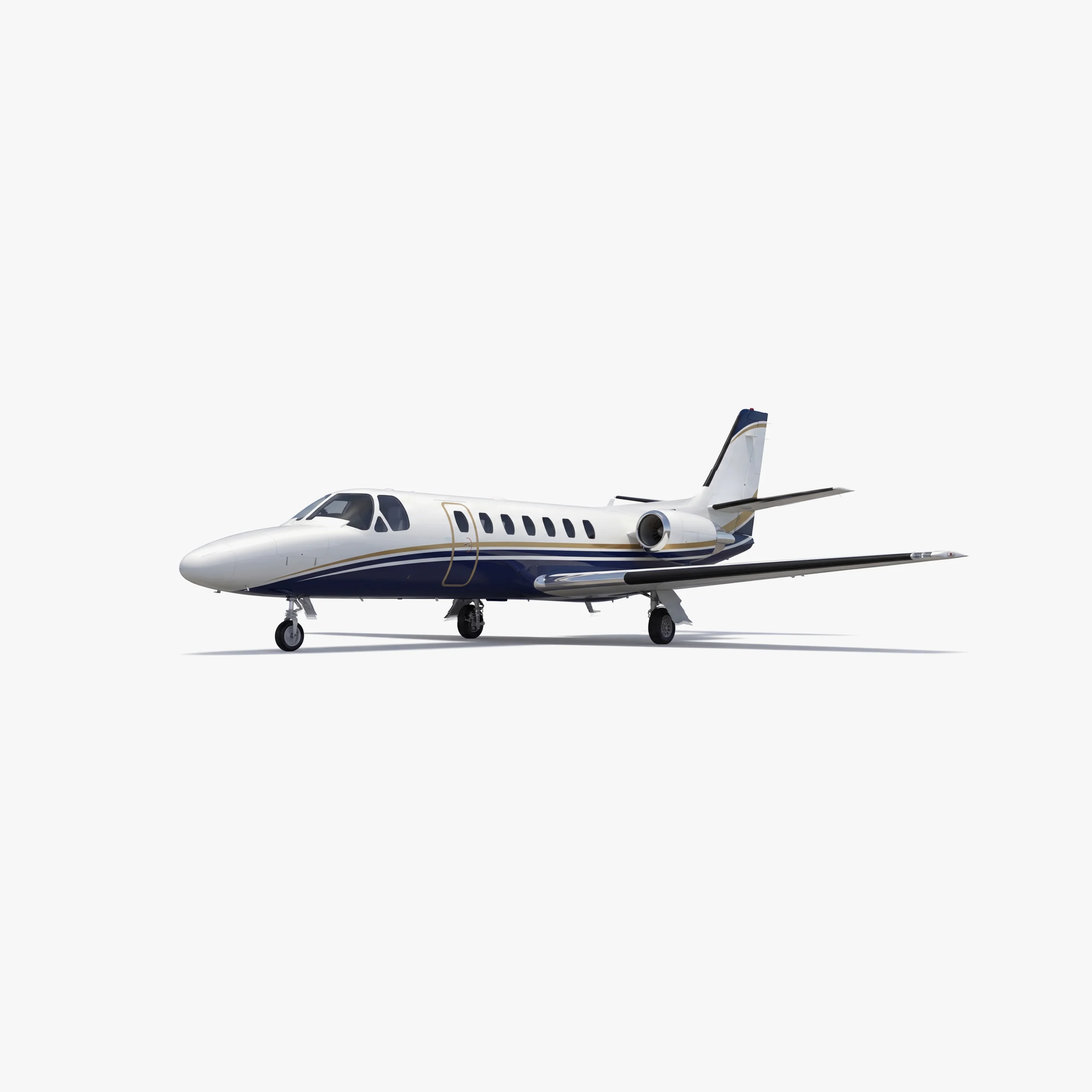 Citation Ultra private jet with white fuselage and navy blue accent stripes on clean white background