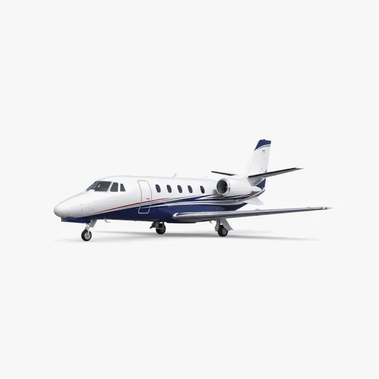 Citation XLS mid-size private jet with white fuselage and blue accent stripes on neutral background