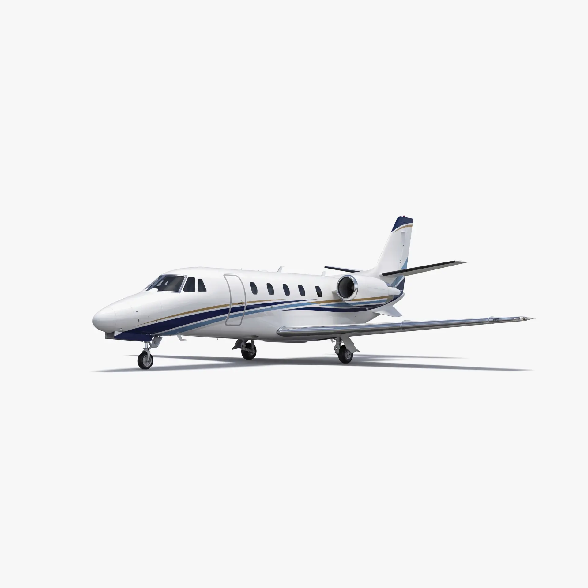 White Citation XLS+ mid-size private jet with blue accent stripes on clean background