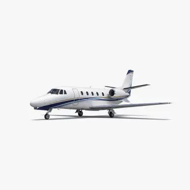 White Citation XLS+ mid-size private jet with blue accent stripes on clean background