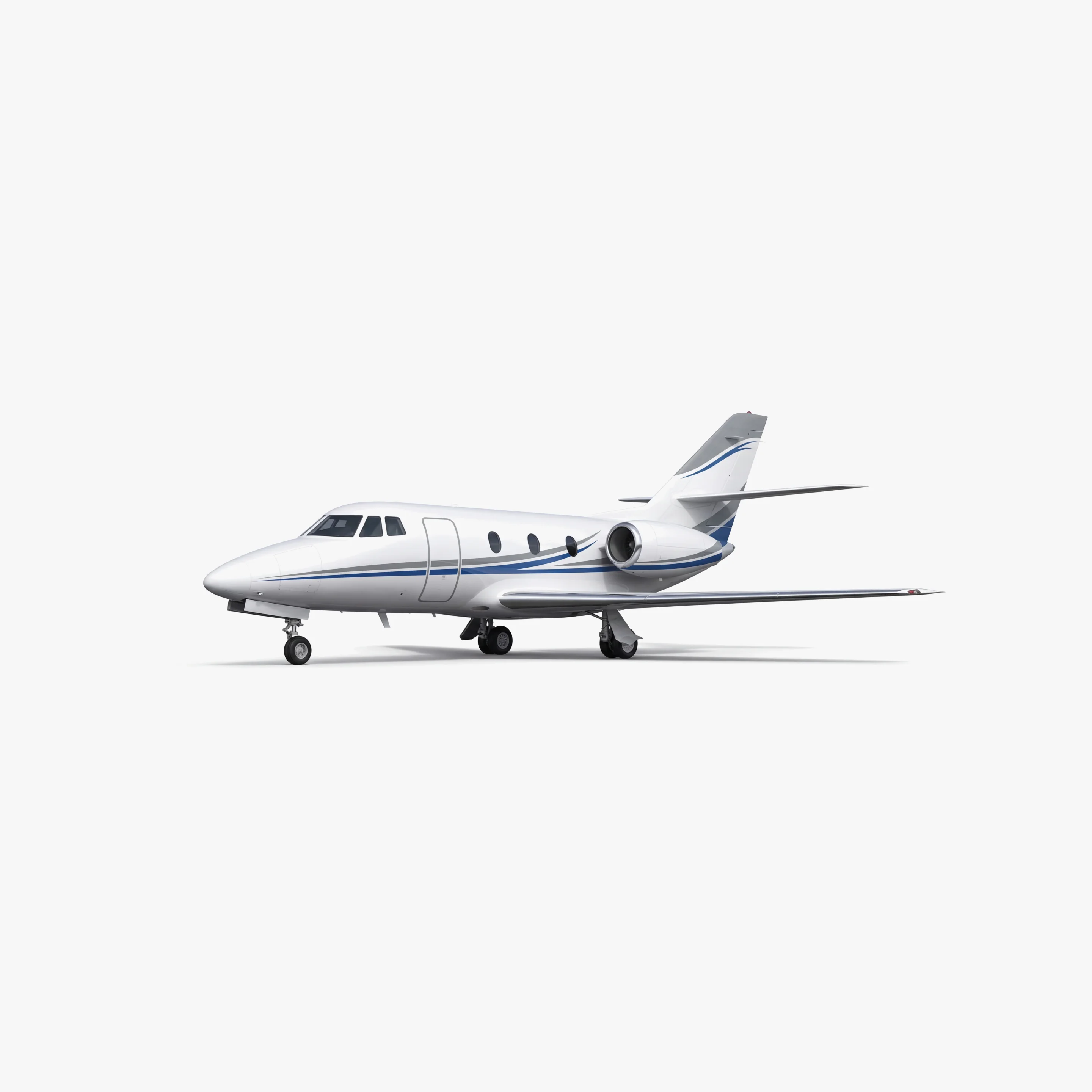 White Falcon 10 business jet with blue accent stripes on clean background, showcasing sleek design