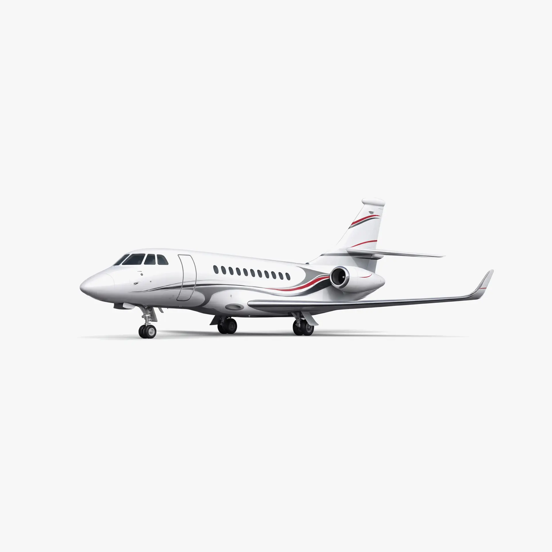 Sleek white Falcon 20 private jet with red accent stripes on fuselage and wings against clean background