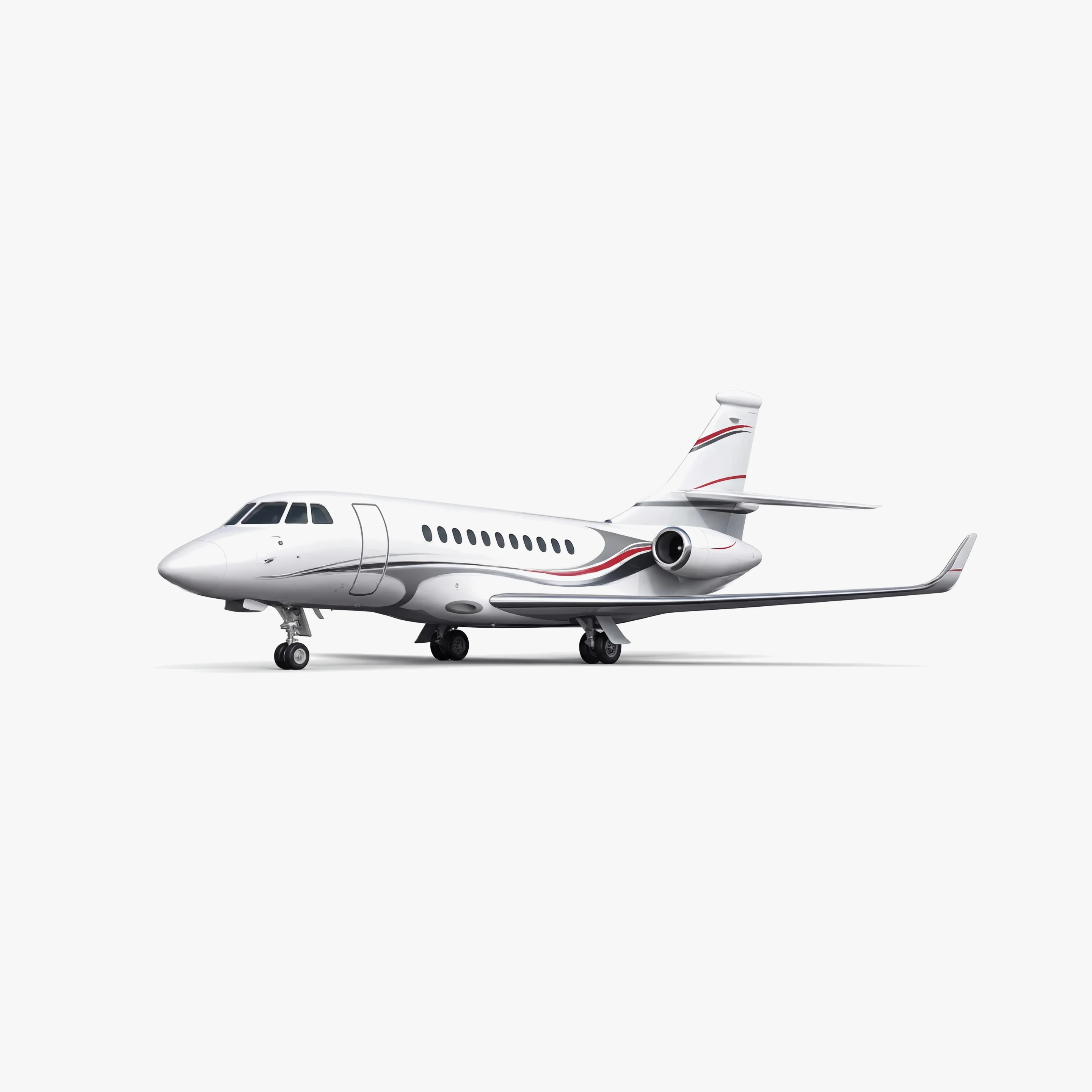 Sleek white Falcon 20 private jet with red accent stripes on fuselage and wings against clean background