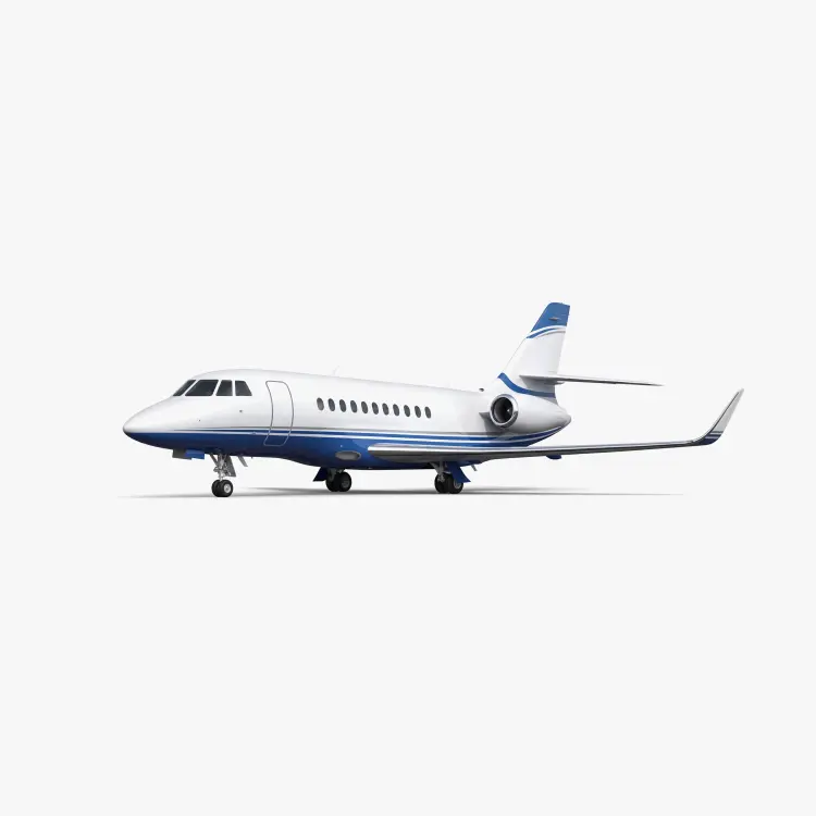 Falcon 2000 private jet with white fuselage and blue accent stripes on clean studio background