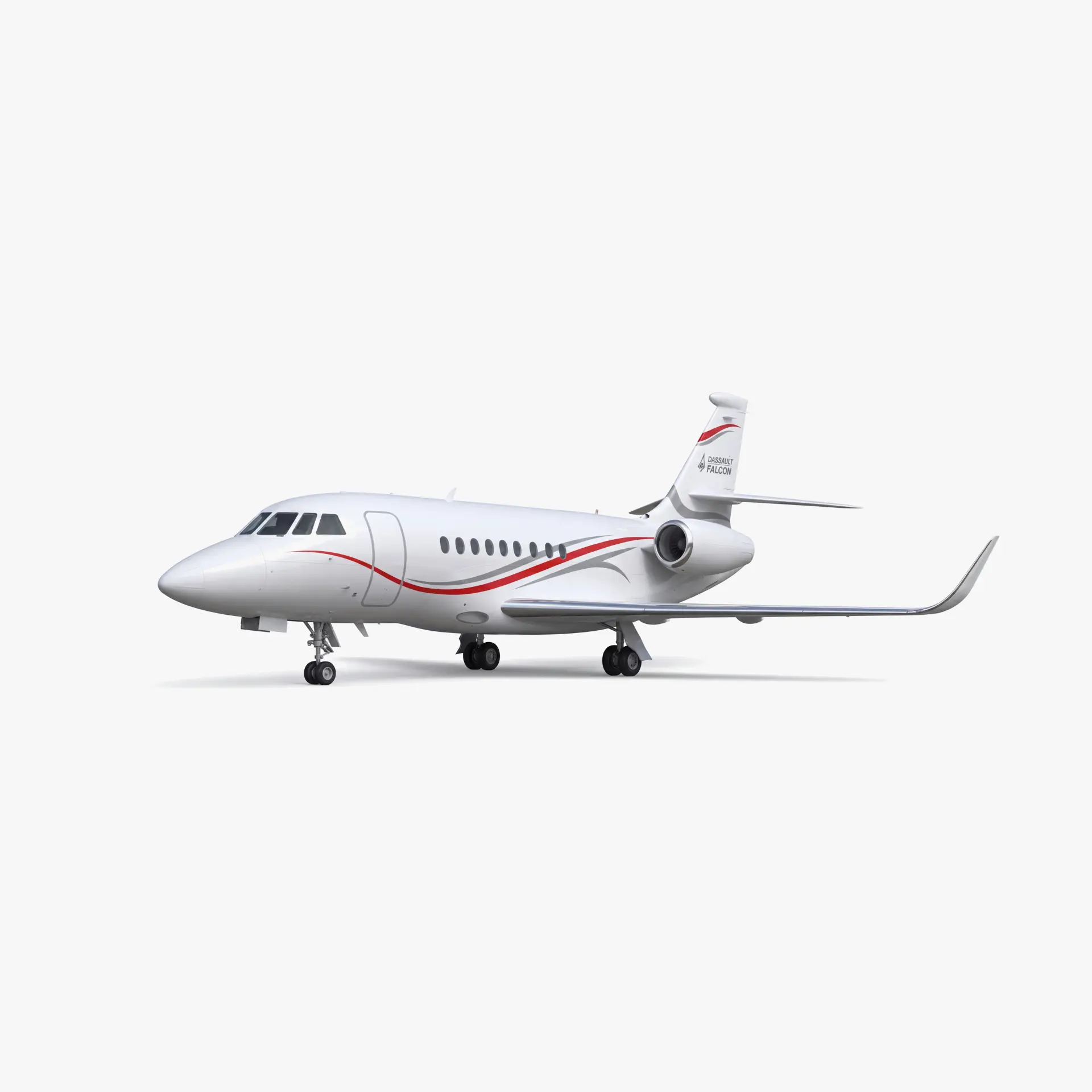 Dassault Falcon 2000S private jet in white livery with red accent stripes on neutral background