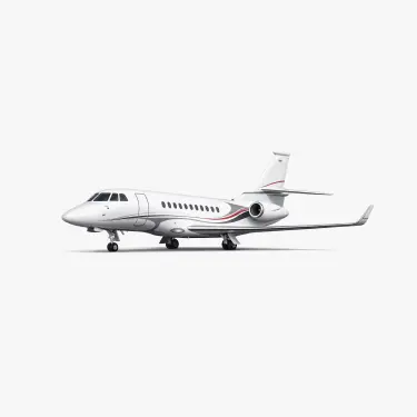 Dassault Falcon 7X luxury business jet in white livery with red accent stripes on neutral background