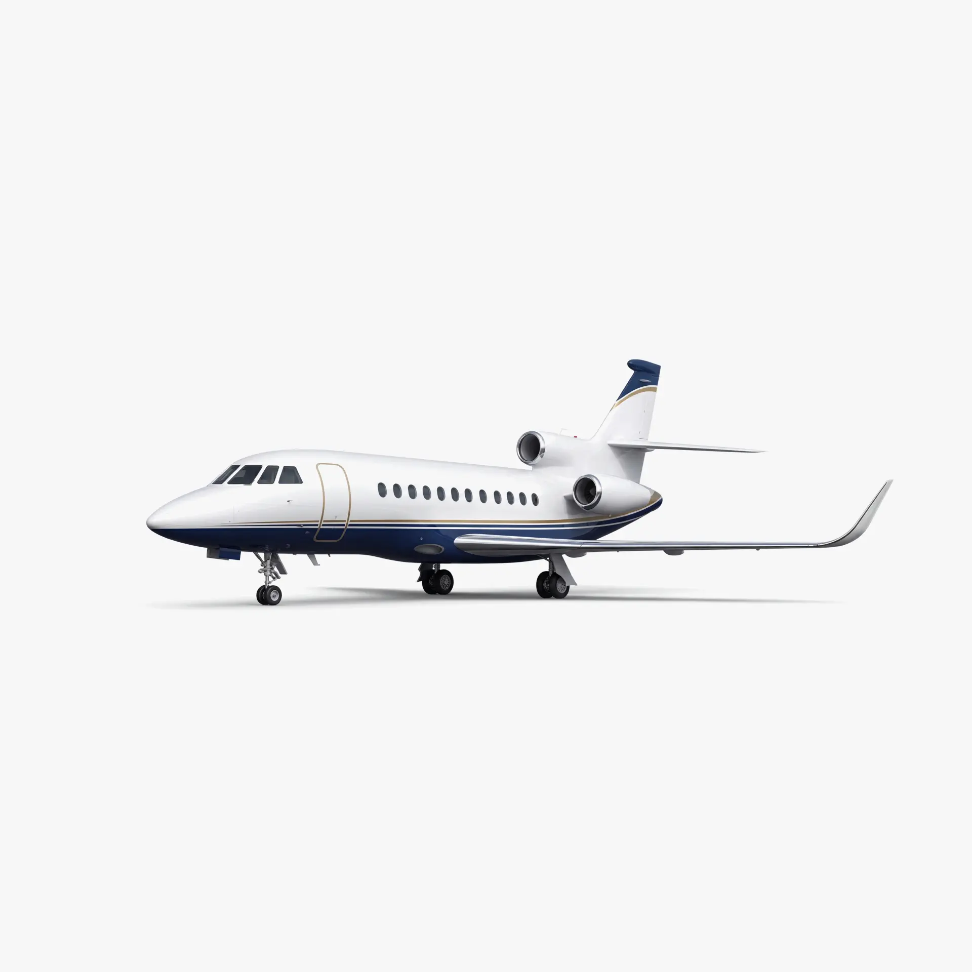 Falcon 900 private jet with white fuselage and navy blue accents, featuring twin rear engines