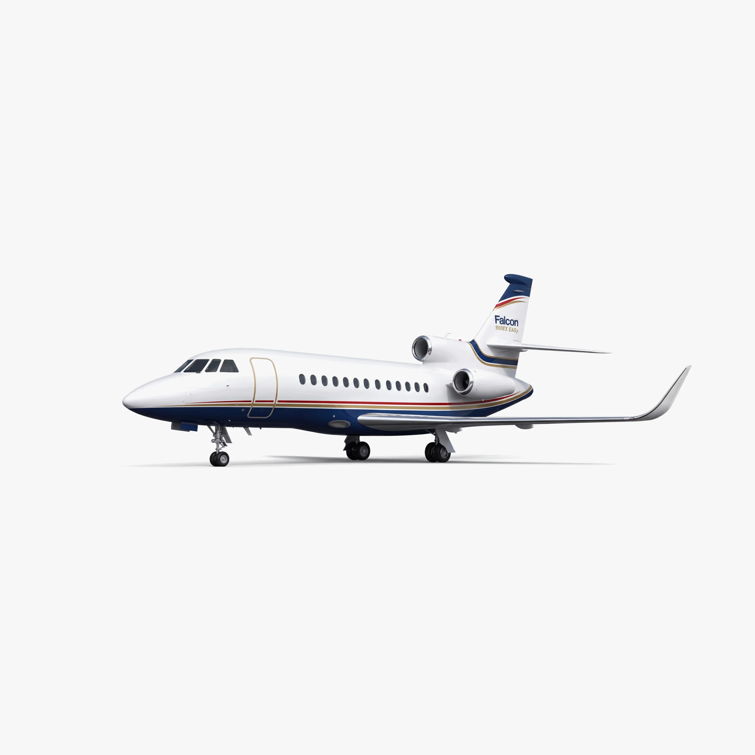 Falcon 900EX EASy private jet in white livery with blue and red accents, three engines, side profile view