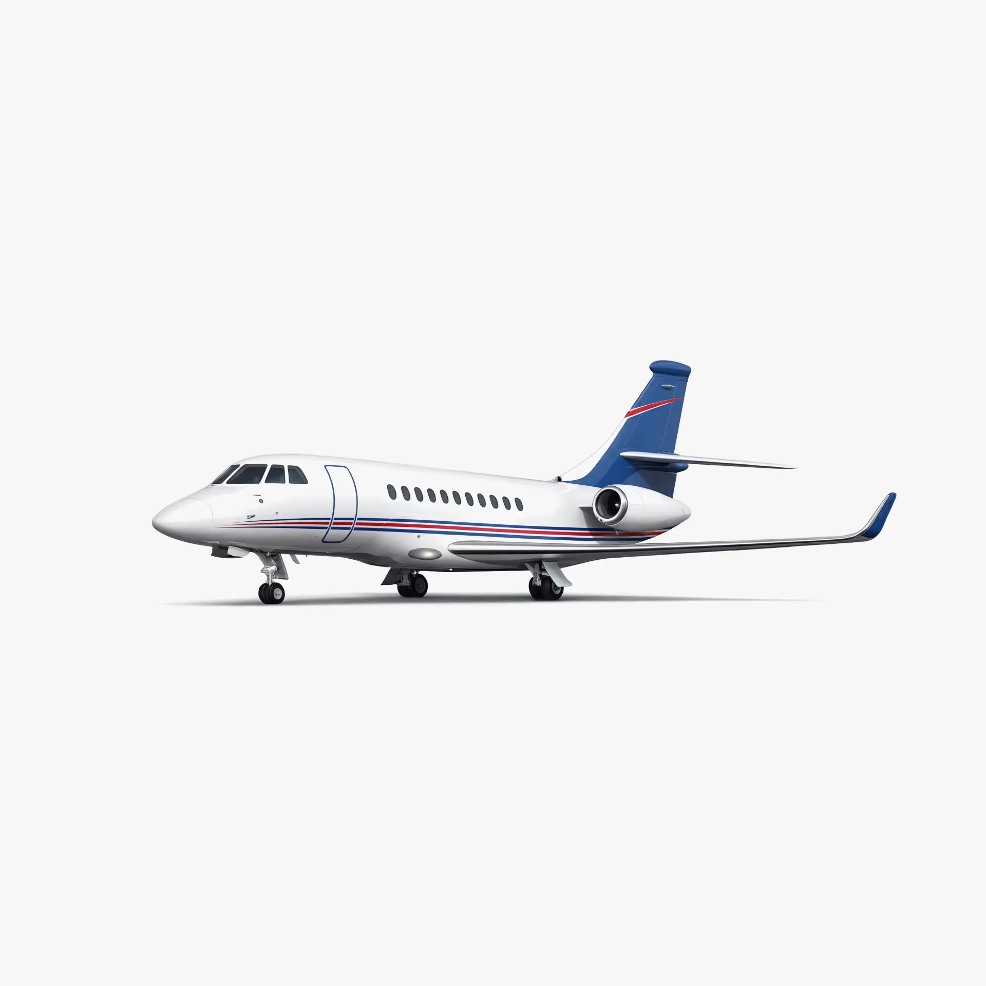 Falcon 900EX private jet with white fuselage, blue and red striping, and distinctive blue tail fin