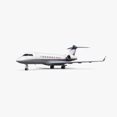 Sleek white Global 5000 business jet with blue and red accent stripes on clean studio background