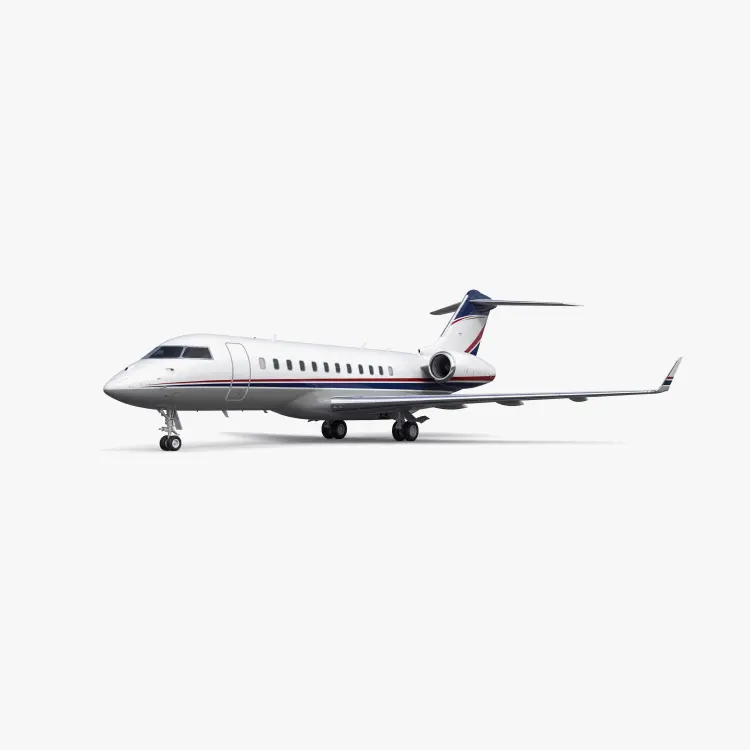 Sleek white Global 5000 business jet with blue and red accent stripes on clean studio background