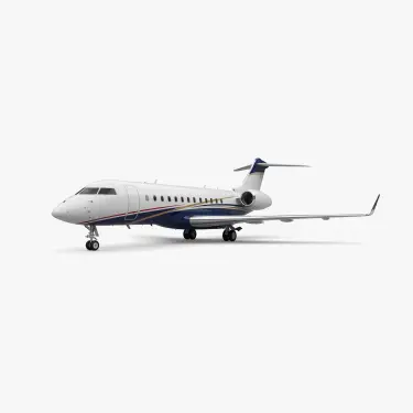 Global 6000 luxury business jet with white fuselage, navy blue and gold accent stripes, T-tail design