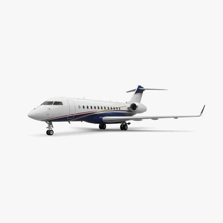 Global 6000 luxury business jet with white fuselage, navy blue and gold accent stripes, T-tail design