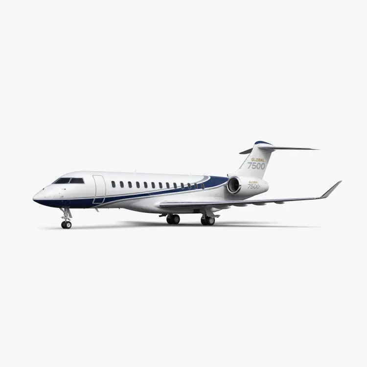 Bombardier Global 7500 ultra-long-range business jet in white and blue livery on neutral background