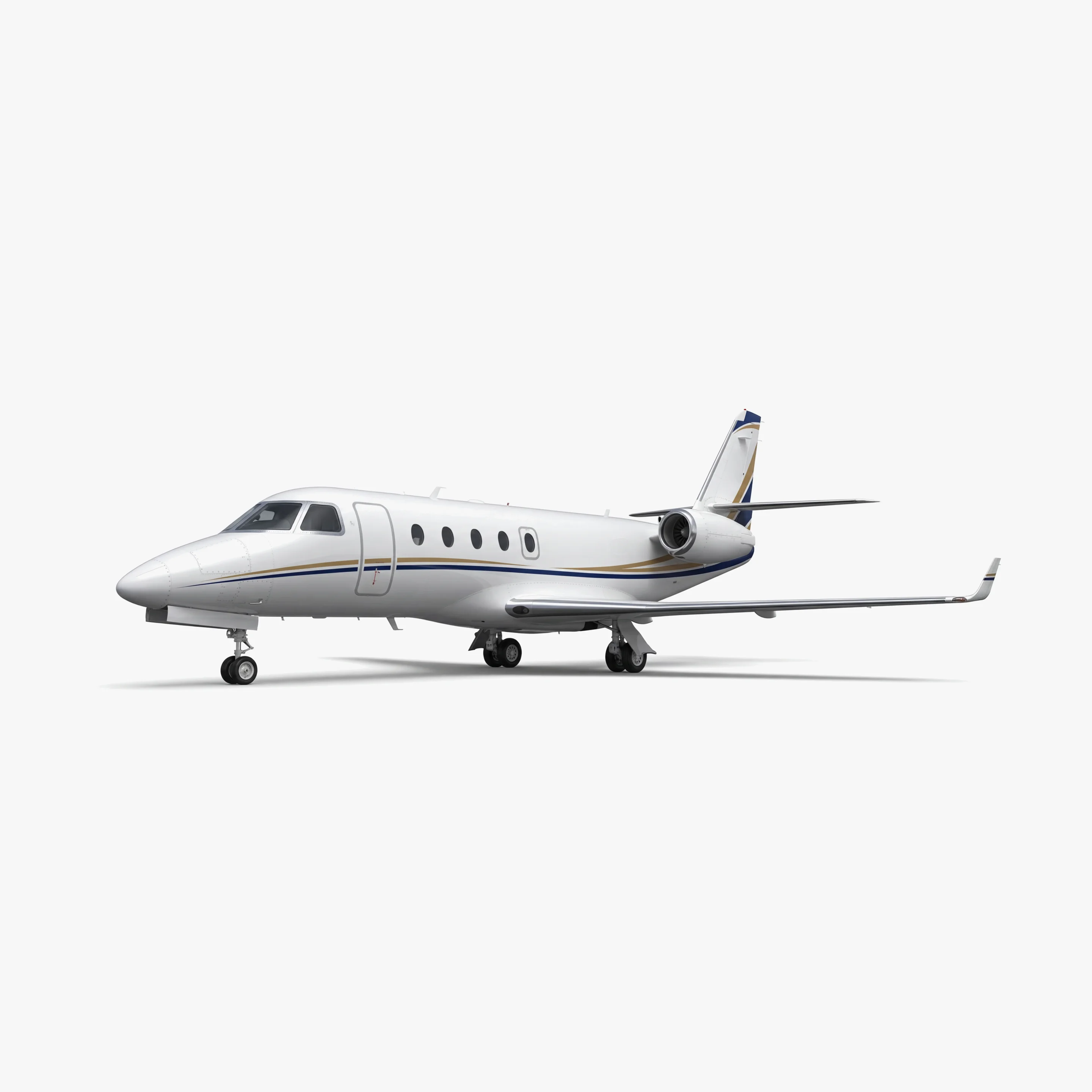 White Gulfstream G150 mid-size business jet with blue and gold accent stripes on neutral background