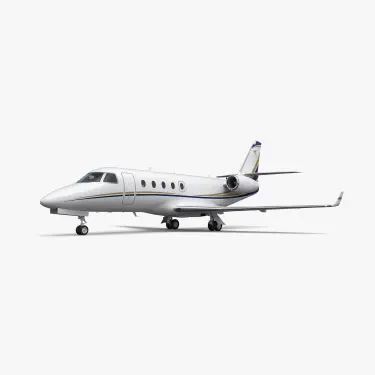 White Gulfstream G150 mid-size business jet with blue and gold accent stripes on neutral background
