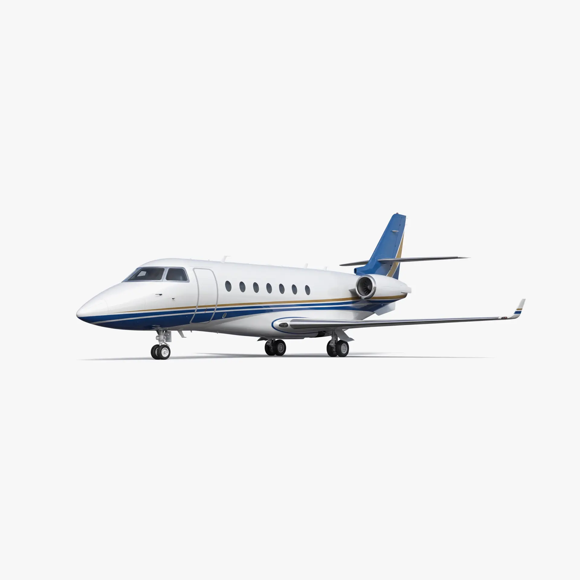 Gulfstream G200 private jet with white fuselage and blue accent stripes on clean white background
