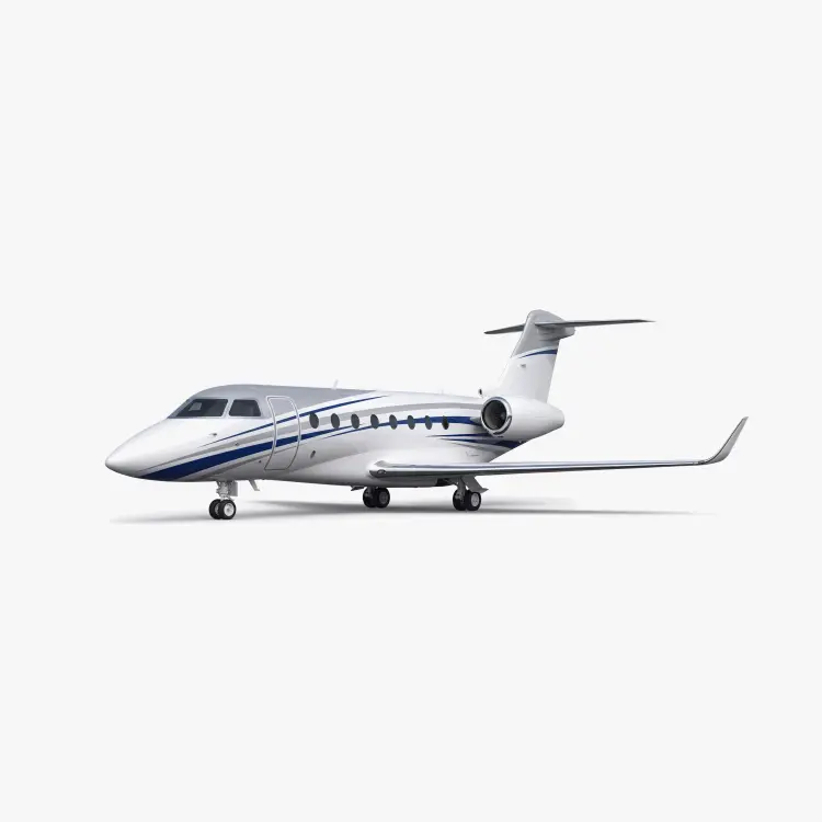 Gulfstream G280 mid-size business jet with white fuselage, blue accent stripes and T-tail configuration