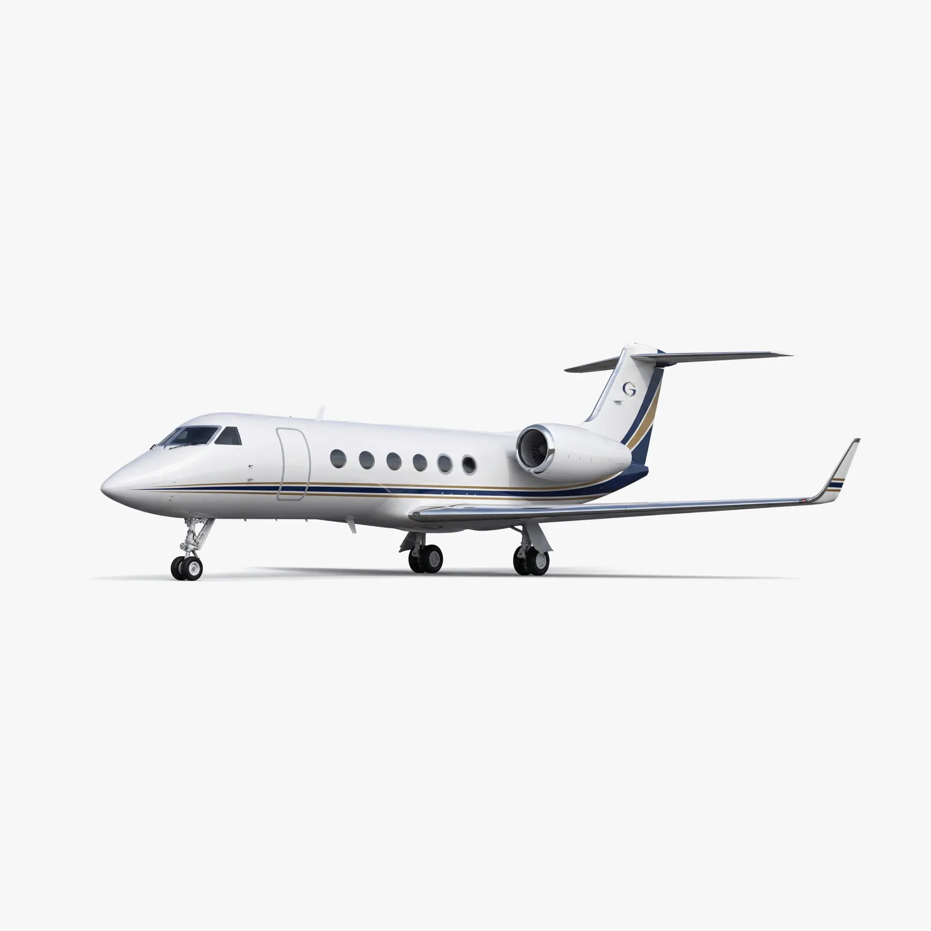 Gulfstream G450 private jet with white fuselage, blue accent stripes, and T-tail configuration