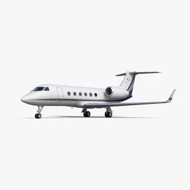Gulfstream G450 private jet with white fuselage, blue accent stripes, and T-tail configuration