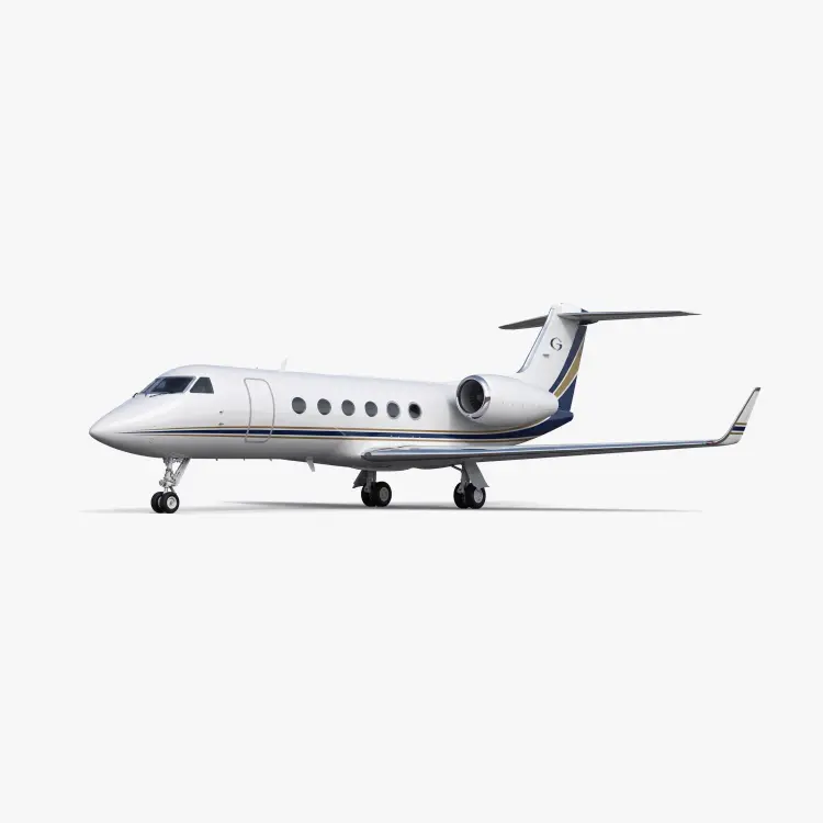 Gulfstream G450 private jet with white fuselage, blue accent stripes, and T-tail configuration