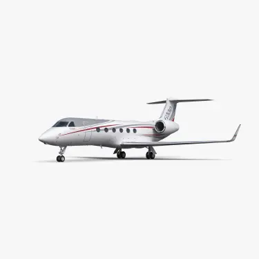Sleek white Gulfstream G550 private jet with red accent stripes and T-tail design on neutral background